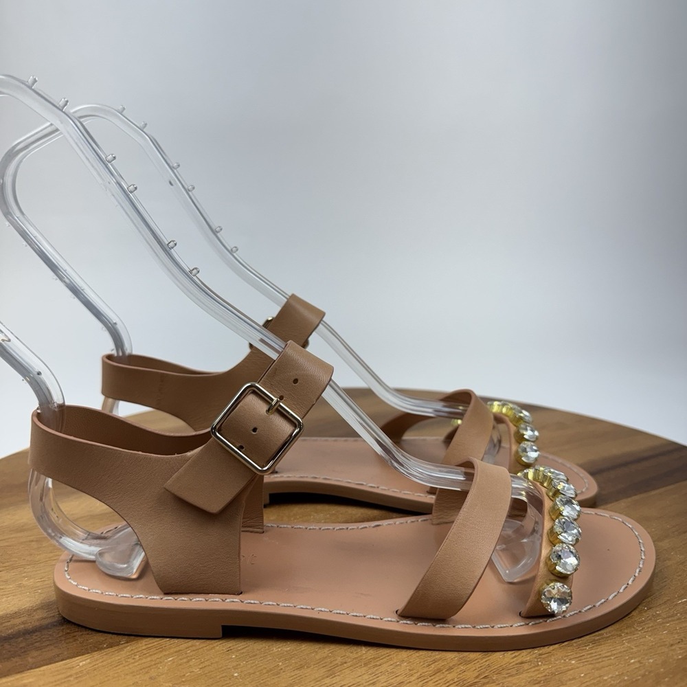 New NWOB Womens Cinq a Sept Victoria Tan LEather Rhinestone Sandals Size EU 36